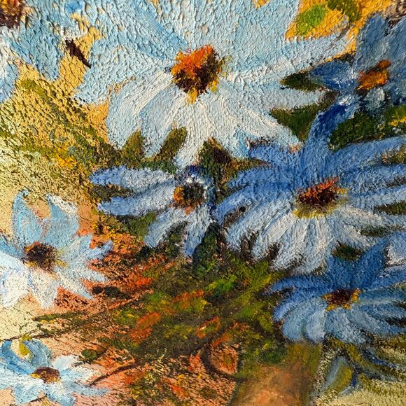 Impressionist Flower Painting By M Cusack Blue Daisies Impasto Vintage Framed - Picture 5 of 12